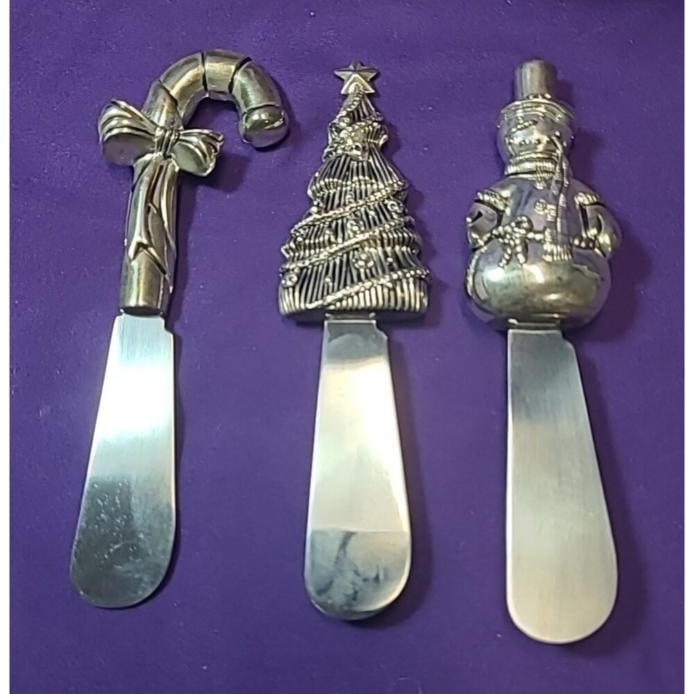 Vtg Christmas Wallace Silver Plated Knife Cheese Spreaders 3 pc Set Nice!